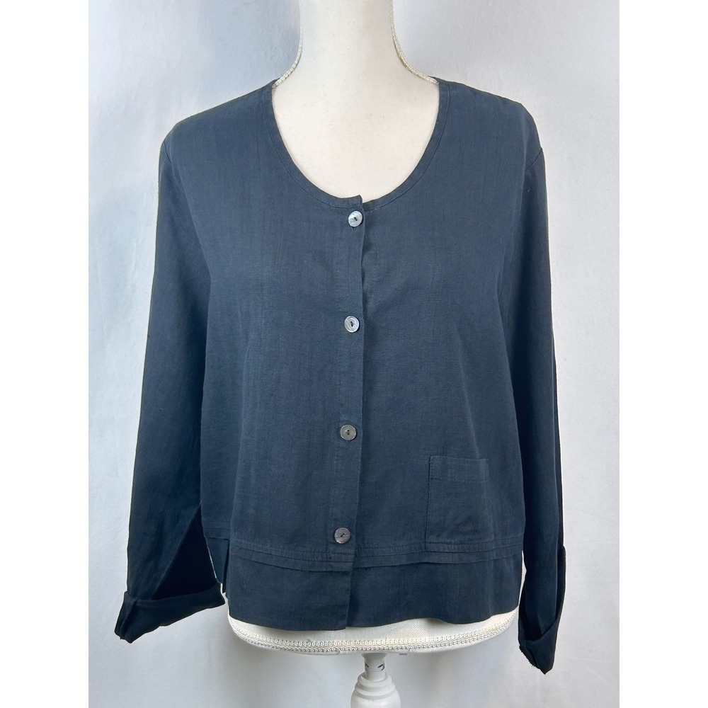 FLAX Linen Blouse Women Size M Black Excellent Long Sleeve Button Front